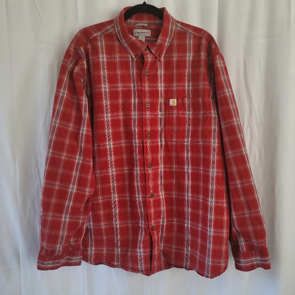 Carhartt Red Plaid Long Sleeve Button Up Work Shirt W/ Pocket Relaxed Fit SZ XL